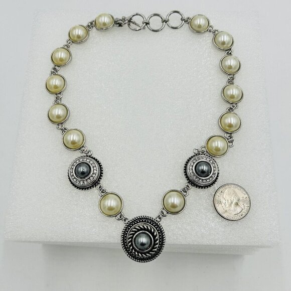 GS Signed Silver Tone Faux Pearl Rhinestone Statement Necklace 19" - Picture 1 of 6